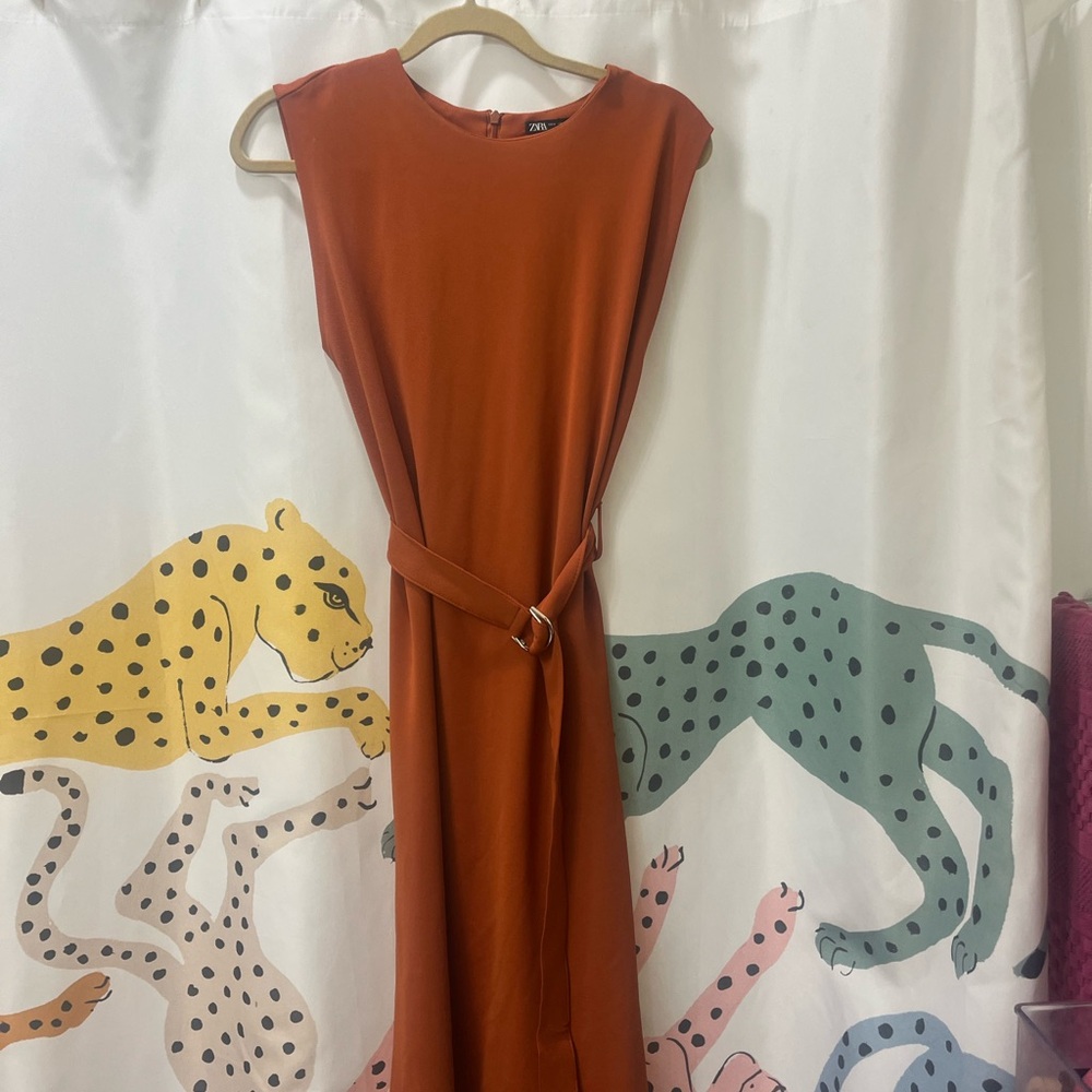 Zara Rust Midi Dress, Size Medium, with Belt